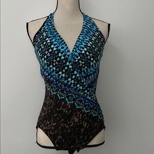 MBBMPS MiracleSuit Blue Brown Multi Patterned Swimsuit